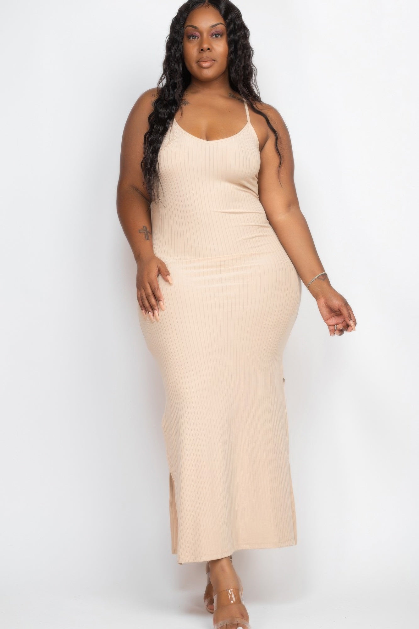【maison celon】soft rib thin cami dress Plus Size Ribbed Side Slit Long Cami Maxi Dress – Rosie Medina